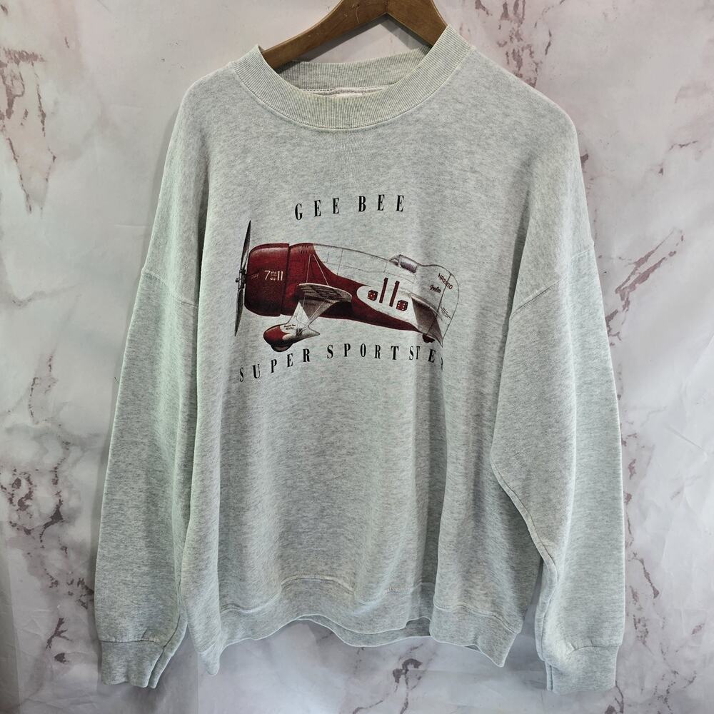 Vintage Sweatshirt Mens XXL 90s Gray Airplane Pilot Gee Bee Oversized Pullover